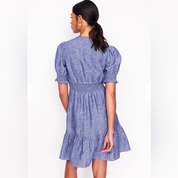 Boden Blue Anna Linen Tiered Dress Puff Ruffle Sleeves Size 10 Fit & Flare - Picture 7 of 15